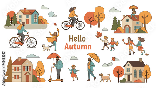 Diverse collection of autumn themed illustrations showing people cycling, walking dogs, and playing with fallen leaves near cozy neighborhood houses.