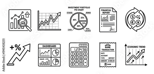 Collection of black line art icons representing finance, investment, and business concepts like charts, reports, currency exchange, and banking transactions in a minimalist vector style