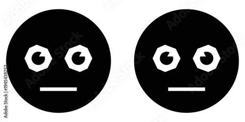Two neutral face emojis with white eyes and mouth on black circles, vector illustration