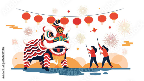 Festive chinese new year celebration featuring a traditional lion dance performance with people, red lanterns, and fireworks in the background.