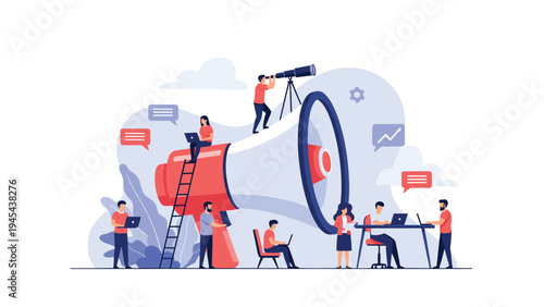 Business marketing team working together around a giant megaphone illustration representing communication, social media strategy, and promotion.
