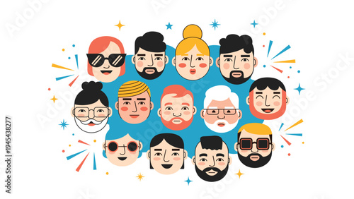 Large collection of diverse human avatars featuring different ethnicities, hairstyles, and accessories displayed against a blue splash background.