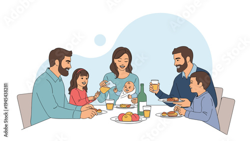 Happy family gathering around a dining table to enjoy a healthy meal together featuring parents, children, and a baby in a warm home environment.