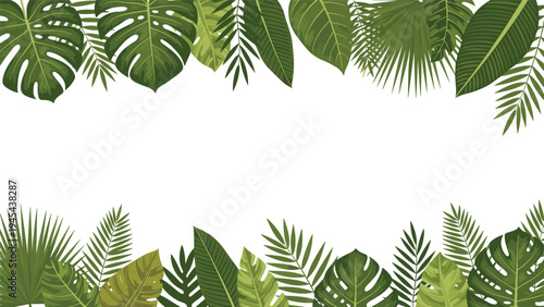 Decorative frame border made of various tropical leaves including monstera and palm fronds on a plain white background for summer themed designs.