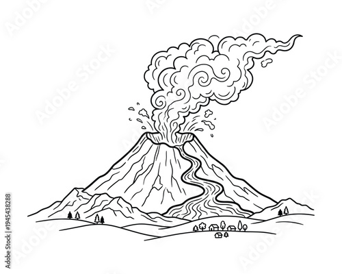 Volcano erupting with smoke plume and lava flow downhill through a rural landscape
