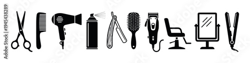 Collection of black hairdresser and barber tools icons including scissors, comb, hairdryer, clipper, and chair in a minimalist graphic silhouette style