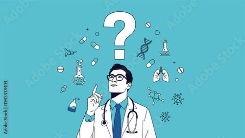 Illustration of a thoughtful doctor looking upwards with a question mark and various medical icons like test tubes, lungs, and virus floating around.