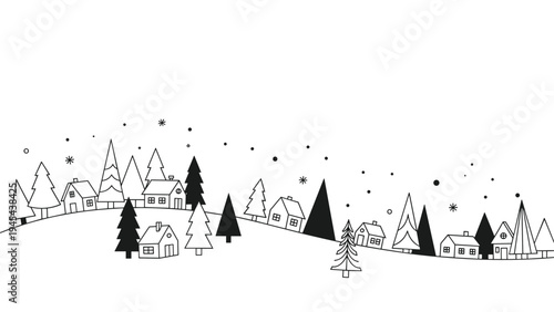 Minimalist black and white line drawing of a snowy winter village with cozy houses, various evergreen trees, and falling snow on a hillside.