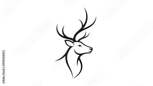 Silhouette of a majestic deer head with large antlers on a white background, suitable for minimalist nature and wildlife logos.