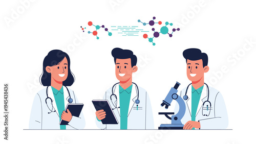 Team of three medical professionals or researchers working together in a lab with a microscope, tablet, and floating molecular structures.