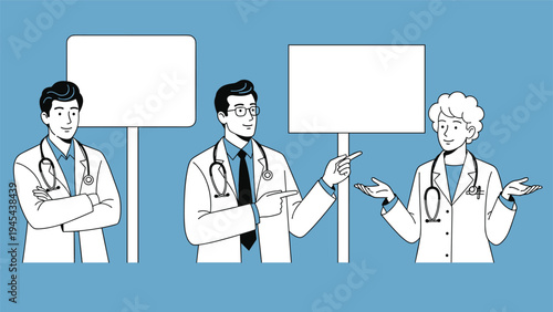 Group of professional doctors in white coats holding blank placards for medical announcements and healthcare information messages.