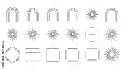 Collection of minimalist line art design elements featuring geometric arches, celestial sunbursts, and simple linear frames for modern branding.