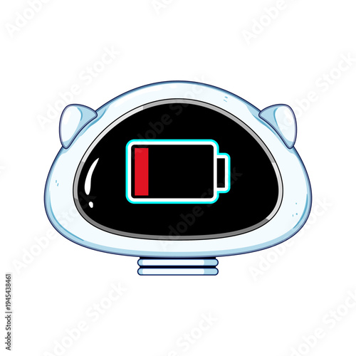 Robot character, a white rounded head with small ears, displaying a critically low battery icon on its dark screen face, symbolizing exhaustion, power shortage, and the need for recharging