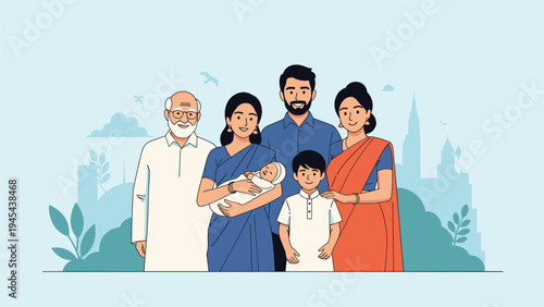 Illustration of a multi-generational Indian family including a grandfather, parents, child, and a newborn baby in traditional attire.