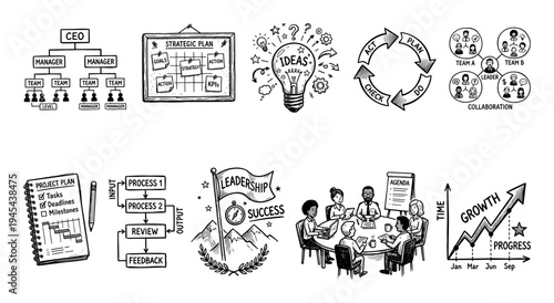 Hand drawn business doodle icon set showing corporate concepts like strategy, planning, leadership, teamwork, and growth for presentations and infographics