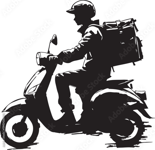 Delivery person riding a scooter with large backpack
