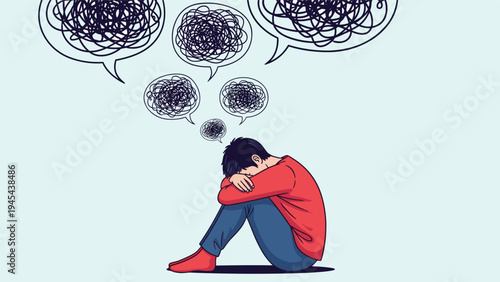 Depiction of a young person sitting with their head down, overwhelmed by complex thoughts and anxiety represented by tangled bubbles.