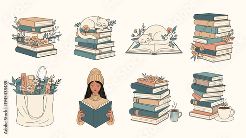Charming collection of book-related illustrations featuring stacks of books, a girl reading, sleeping cats, and cozy elements like coffee.