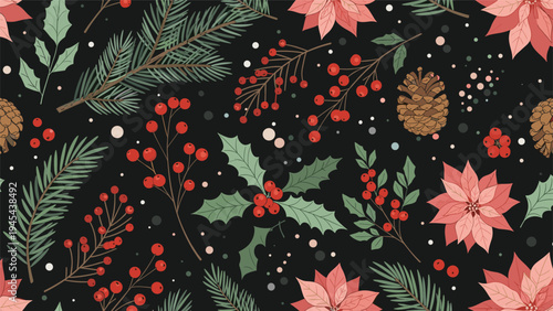 Seamless Christmas pattern featuring pine branches, red berries, pinecones, and poinsettia flowers on a dark background for festive textiles.