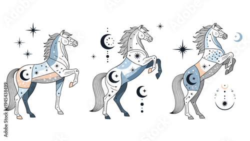 Magical collection of horses decorated with celestial patterns like moons, stars, and constellations in a mystical and artistic style.