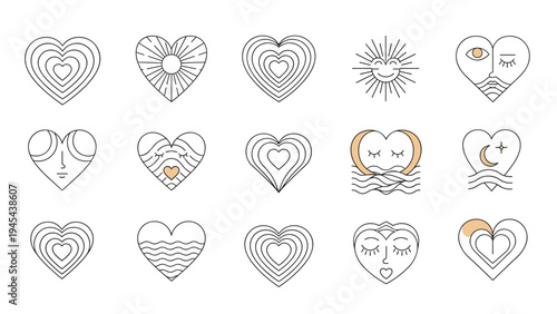 Diverse set of heart-themed line art icons and stylized faces combined with celestial elements like sun, moon, and ocean waves.