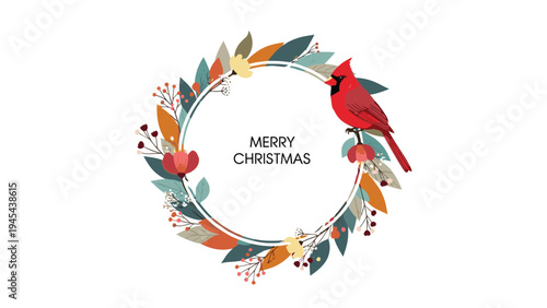 Festive holiday wreath decorated with colorful autumn leaves and a bright red cardinal perched on the side with a merry christmas greeting.