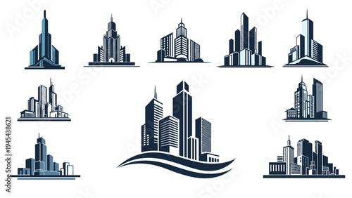 Collection of modern city skyline silhouettes and skyscraper clusters in dark blue, ideal for urban development and business logos.
