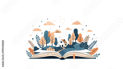 Imaginative illustration of a storybook opening up to reveal a charming landscape with a small house and colorful autumn trees.