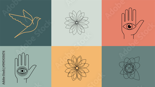 Collection of mystical and spiritual symbols featuring an eye in a hand, birds, and sacred geometry flowers on colorful background tiles.