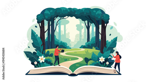 Creative illustration of two people exploring a lush forest pathway that emerges from the pages of an open book symbolizing discovery.
