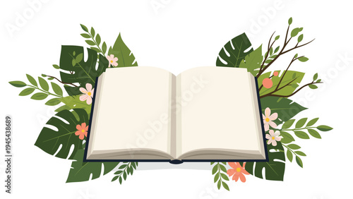 Minimalist open blank book surrounded by lush tropical green leaves and delicate pink flowers for creative writing and nature themes.