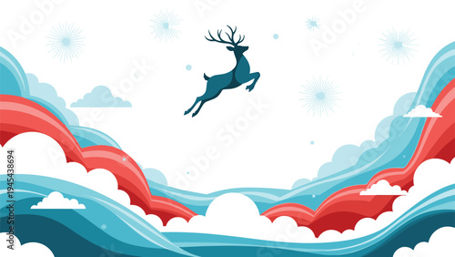 Magical illustration of a silhouetted reindeer leaping through a sky of vibrant blue and red clouds under a starry winter night.
