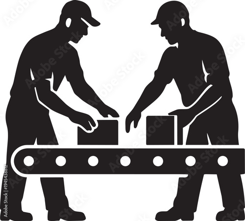 Two manual factory workers packaging boxes on a moving conveyor belt concept vector illustration for industrial production