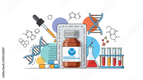 Detailed medical illustration of pharmacy products and lab equipment including pill bottles, test tubes, dna strands, and medicine.