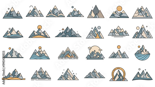 Comprehensive collection of stylized mountain icons with various sun, moon, and water elements in a consistent muted color scheme.