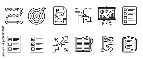 Set of black business planning line icons representing workflow, strategy, roadmap, timeline, and task management for corporate project development and goal achievement