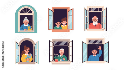 Diverse neighbors including elderly people, a mother with a baby, and children looking out of their apartment windows together.