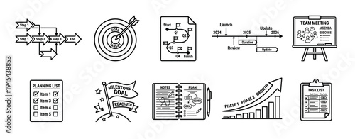 Business planning and project management icon set showing workflow, strategy, roadmap, timeline, meeting, checklist, growth, and task management concepts in a simple line art style