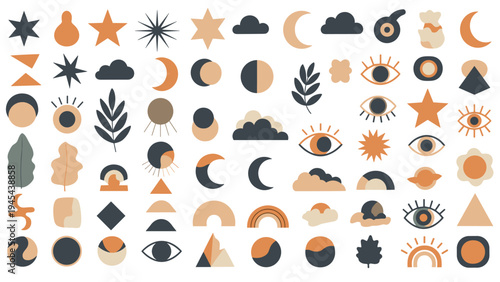 Large collection of boho mystical design elements featuring eyes, moons, suns, stars, leaves, and abstract geometric shapes.