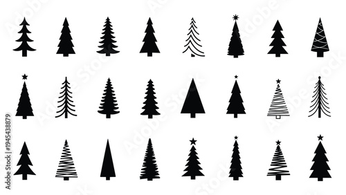 Large variety of evergreen and pine tree silhouettes in different styles ranging from realistic to abstract for winter and holiday themes.
