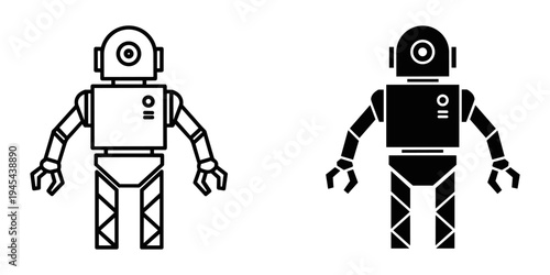 Two robots in black and white vector illustration, flat design style, robotic figures