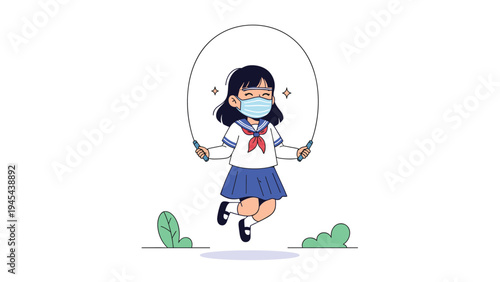 Empowering illustration of a young girl in a school uniform and face mask skipping rope while staying active and safe outdoors.