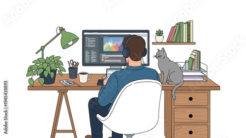 Modern home office workspace with a person working on a computer screen featuring landscape art and a cat sitting on the desk.