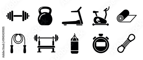 Set of black solid glyph icons for fitness and sport, showing a dumbbell, kettlebell, treadmill, exercise bike, yoga mat, jump rope, barbell, punching bag, and a stopwatch