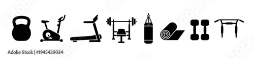 Set of black fitness equipment icons including a barbell, kettlebell, treadmill, and dumbbells for gym and workout concepts, presented in a clean, minimalist graphic style