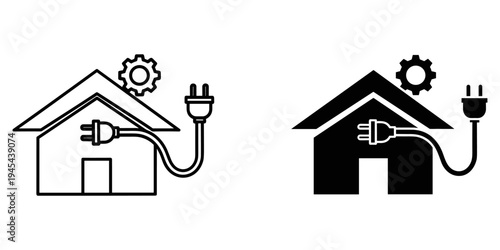 Black and white house icons with plug and gear vector illustration, flat design