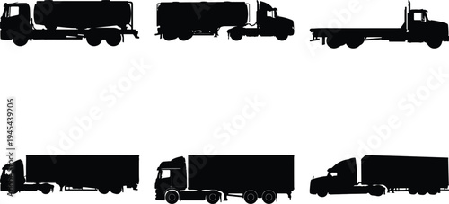Assortment of six black silhouette trucks, featuring tankers and semi-trailers, presented on a white background for diverse transport needs.