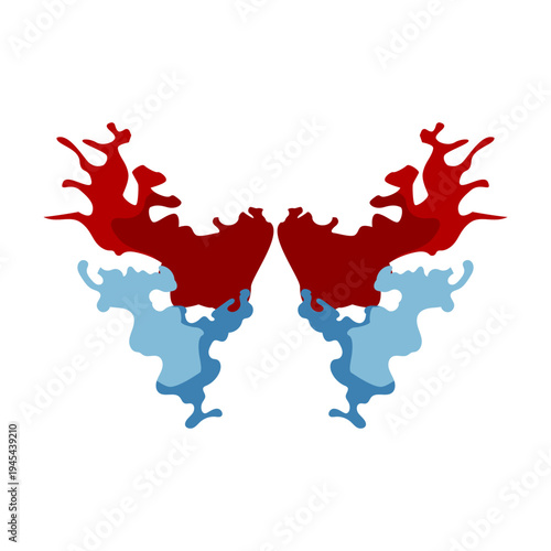Symmetrical abstract inkblot on a white background, using red and blue colors, representing concepts of psychology, perception, and analysis in a modern graphic style
