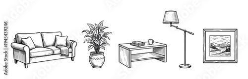 Set of hand-drawn living room furniture including a sofa, potted plant, coffee table, floor lamp, and framed picture in a black and white sketch illustration style