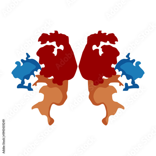 Abstract inkblot design showing symmetrical shapes and colors, creating a visual representation of psychological evaluation, perception, imagination, and human mind concepts